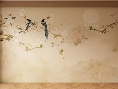 Traditional Chinese Landscape Painting With Two Birds On Magnolia Branches Moon And Mountain Background 3d model