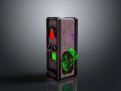 Industrial Control Panel With Red Green Indicator Lights And Green Graffiti On Rectangular Metal Frame 3d model