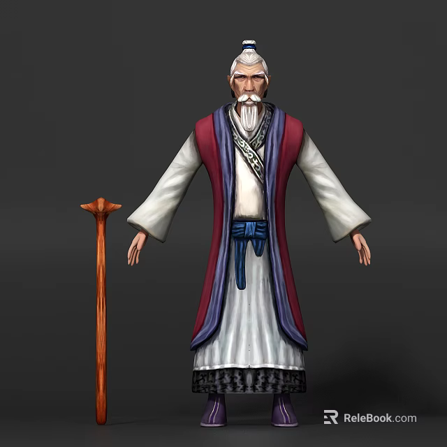 Ancient Costume Game And Movie Character With White Hair Long Beard And Wooden Cane 3d model 