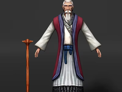 Ancient Costume Game And Movie Character With White Hair Long Beard And Wooden Cane 3d model