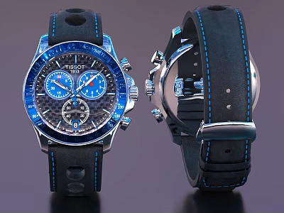TISSOT Chronograph Watch Featuring Blue Dial Black Strap with Blue Stitching and Silver Case 3d model