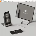 Apple MacBook On Stand With Digital Clock Mobile Phone And Stylus Pen