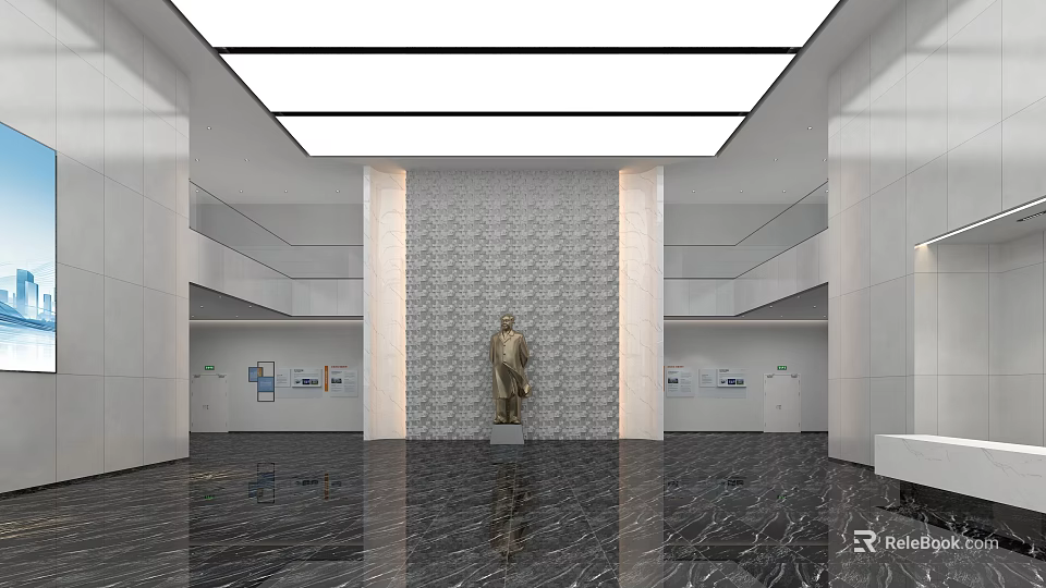 Minimalist Modern Reception Lobby With Polished Marble Floor And Central Bronze Statue Elegant Decoration 3d model 