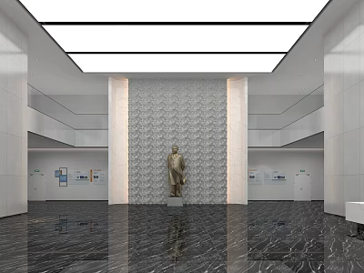 Minimalist Modern Reception Lobby With Polished Marble Floor And Central Bronze Statue Elegant Decoration 3d model