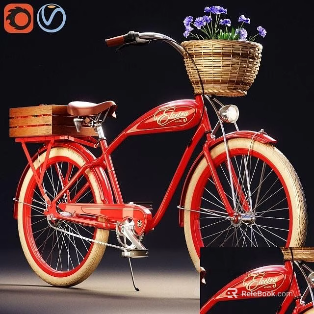 Red Vintage Bicycle With Front Wicker Basket Rear Wooden Crate And Brown Leather Seat 3d model 