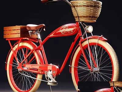 Red Vintage Bicycle With Front Wicker Basket Rear Wooden Crate And Brown Leather Seat 3d model