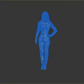 Confident Business Woman in Blue Suit Standing on Reflective Floor with Gray Background