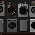 Different Models Of Front Load Washing Machines In White And Beige Colors On