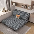 Black and White Checkered Multi Seater Sofa with Cushions in Modern Room by Window Shelf