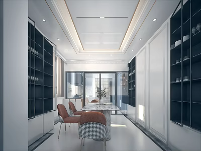 Modern Elegant Open Restaurant With White Black Dining Table Chairs Glass Doors Bookshelves 3d model