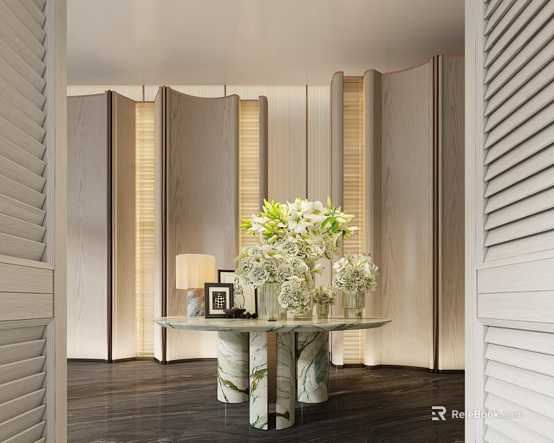 Elegant Modern Front Desk Reception Interior With Marble Countertop And Flower Arrangement 3d model 