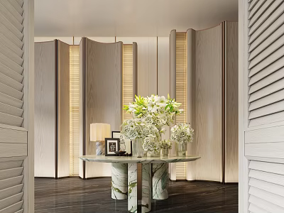 Elegant Modern Front Desk Reception Interior With Marble Countertop And Flower Arrangement 3d model
