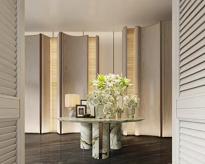 Elegant Modern Front Desk Reception Interior With Marble Countertop And Flower Arrangement 3d model