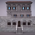 Ancient Architecture With Two Story Arched Doors Balconies Stone Railings And Staircase