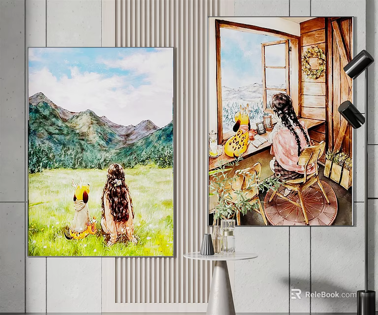 Portrait Paintings Showing Girl With Dog In Mountain Landscape And Window View 3d model 