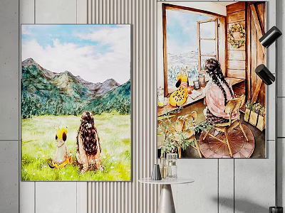 Portrait Paintings Showing Girl With Dog In Mountain Landscape And Window View 3d model