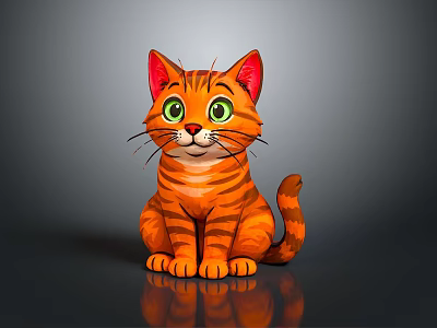 Orange Tabby Cartoon Cat With Green Eyes Red Ears Sitting On Gray Background With Reflection 3d model