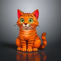 Orange Tabby Cartoon Cat With Green Eyes Red Ears Sitting On Gray Background With Reflection