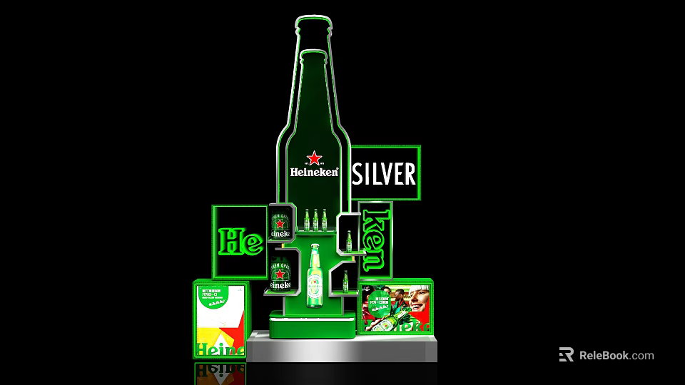 Heineken Silver Green Display Stand Photo Spot With Beer Bottle And Billboard 3d model 