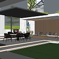 Modern Courtyard Garden With Outdoor Seating Covered Pergola Green Lawn And Decorative Stones