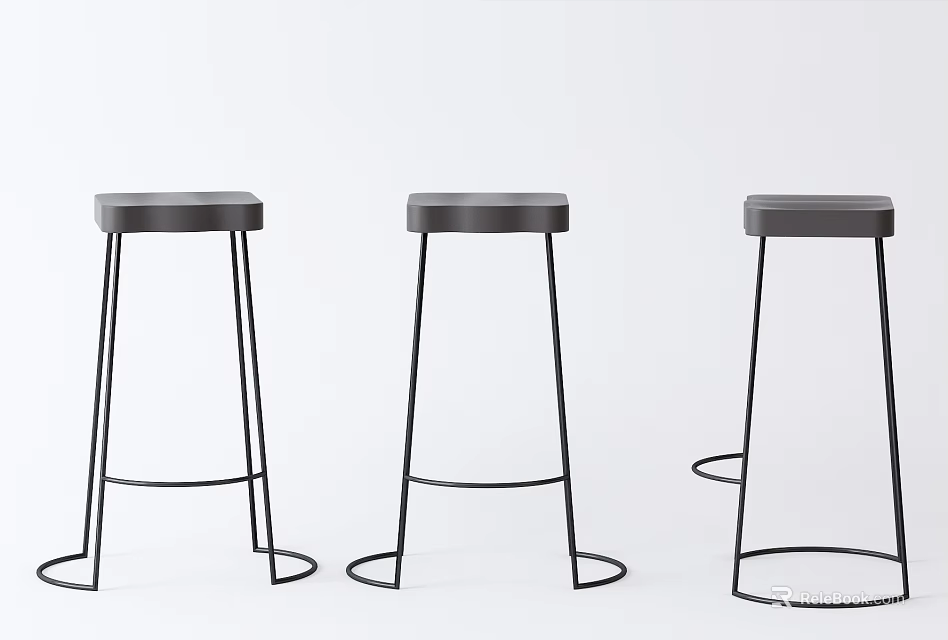 Minimalist Black Bar Stools With Metal Frame Round Base Set Of Three 3d model 