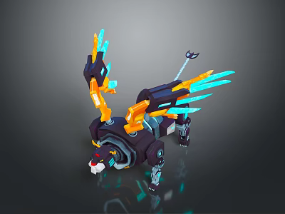 Mechanical Black Orange Game Movie Character With Blue Glowing Wings Lion like Head Design 3d model
