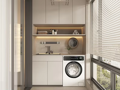 Modern Home Balcony Interior With Washing Machine Cabinets Sink Shelf And Blinds 3d model