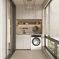 Modern Home Balcony Interior With Washing Machine Cabinets Sink Shelf And Blinds
