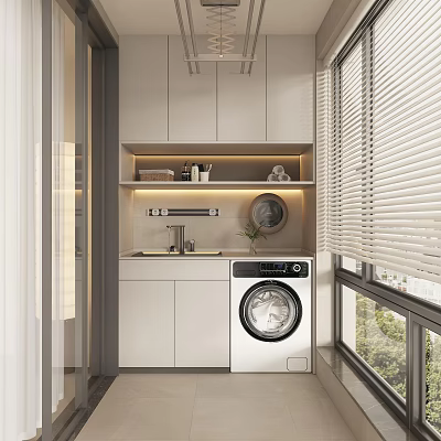 Modern Home Balcony Interior With Washing Machine Cabinets Sink Shelf And Blinds 3d model