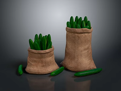 Fresh Green Cucumbers Displayed In Burlap Sacks With Scattered Ones Around 3d model
