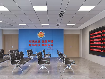 Government Service Hall Interior With Blue Background Wall Emblem Arranged Chairs Ceiling Lights And Information Screen 3d model