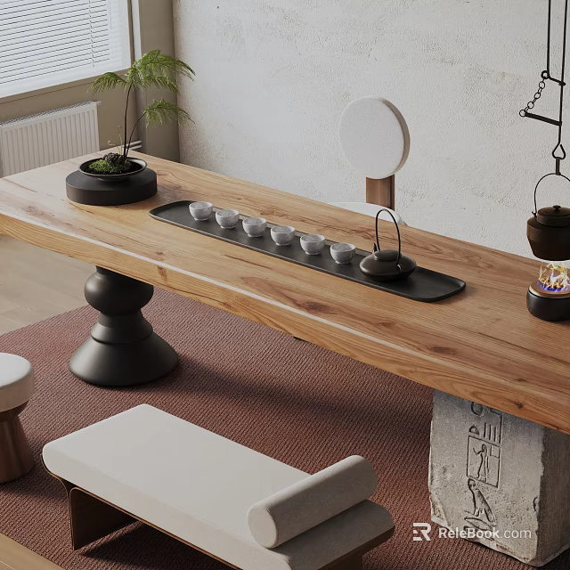 Natural Tea Room Interior With Wooden Tea Table Round Lamp Tea Cups And Seating 3d model 