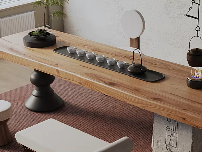 Natural Tea Room Interior With Wooden Tea Table Round Lamp Tea Cups And Seating 3d model