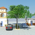 Entrance Gate With Security Booth Clock Tower Trees And Car On Paved Ground