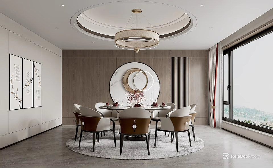 Elegant Modern Restaurant Interior With Round Dining Table Leather Chairs And Circular Mirror 3d model 