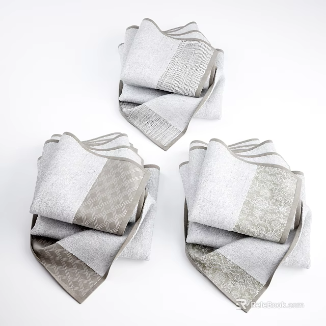 Soft Grey And Beige Folded Towels With Patterned Edges For Bathroom Use 3d model 