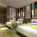 Modern Hotel Room With Double Beds Purple Pillows Green Runners And Sea View