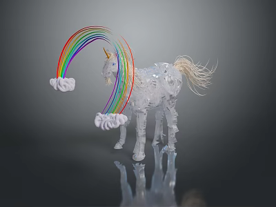 Transparent Unicorn Sculpture With Rainbow And Cloud Accents And Reflection On Dark Background 3d model