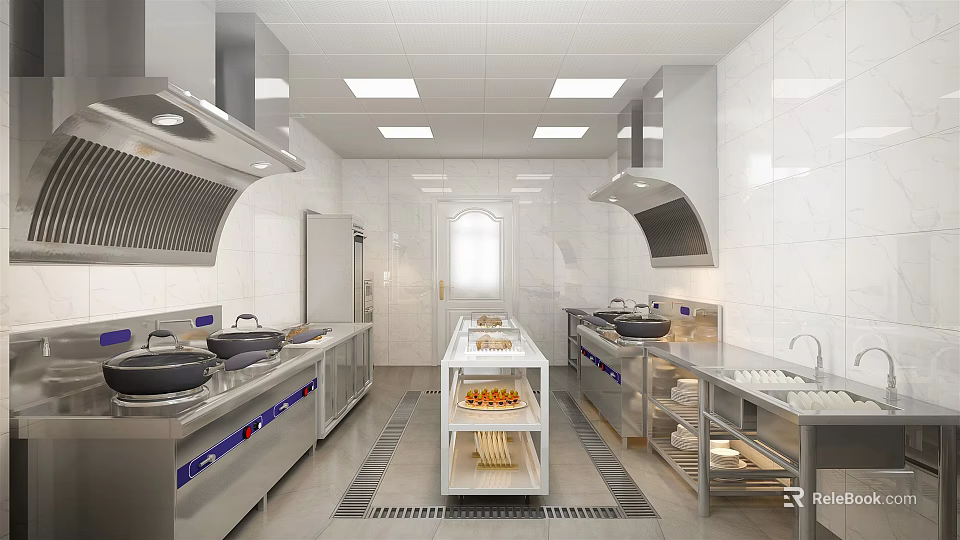 Commercial Kitchen With Stainless Steel Equipment White Tiled Walls Ceiling Lights and Central Shelving 3d model 