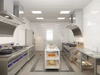 Commercial Kitchen With Stainless Steel Equipment White Tiled Walls Ceiling Lights and Central Shelving 3d model