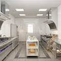 Commercial Kitchen With Stainless Steel Equipment White Tiled Walls Ceiling Lights and Central Shelving