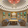 Ethnic Interior With Round Dome Wooden Structure Decorative Grassland Cow Paintings Wheel Seats And Table