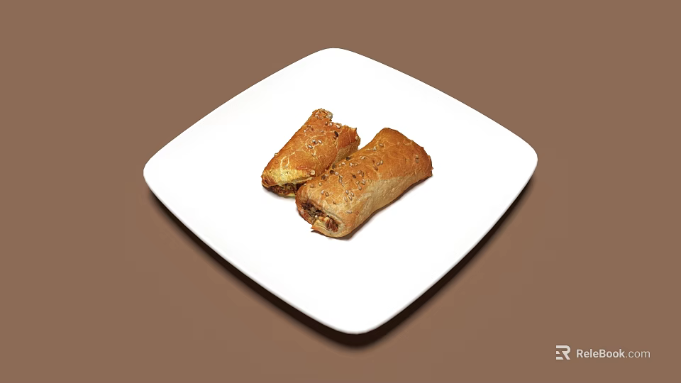 Delicious Sliced Puff Pastry Rolls On White Square Plate With Brown Background 3d model 