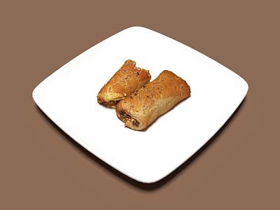 Delicious Sliced Puff Pastry Rolls On White Square Plate With Brown Background 3d model
