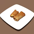 Delicious Sliced Puff Pastry Rolls On White Square Plate With Brown Background