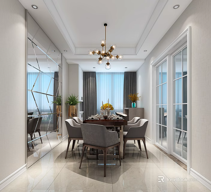 Elegant Restaurant Interior With Dining Table Chairs Chandelier Mirror And Plants 3d model 
