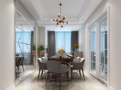 Elegant Restaurant Interior With Dining Table Chairs Chandelier Mirror And Plants 3d model