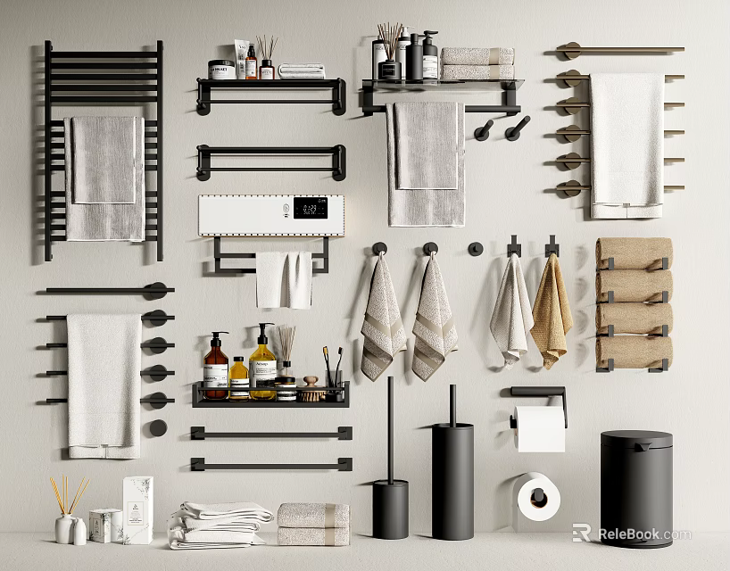 Modern Bathroom Accessories With Towel Racks Shelves Towels Toiletries And Holders 3d model 