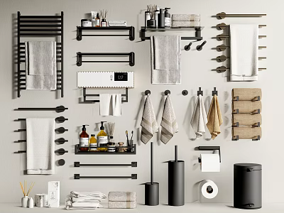Modern Bathroom Accessories With Towel Racks Shelves Towels Toiletries And Holders 3d model
