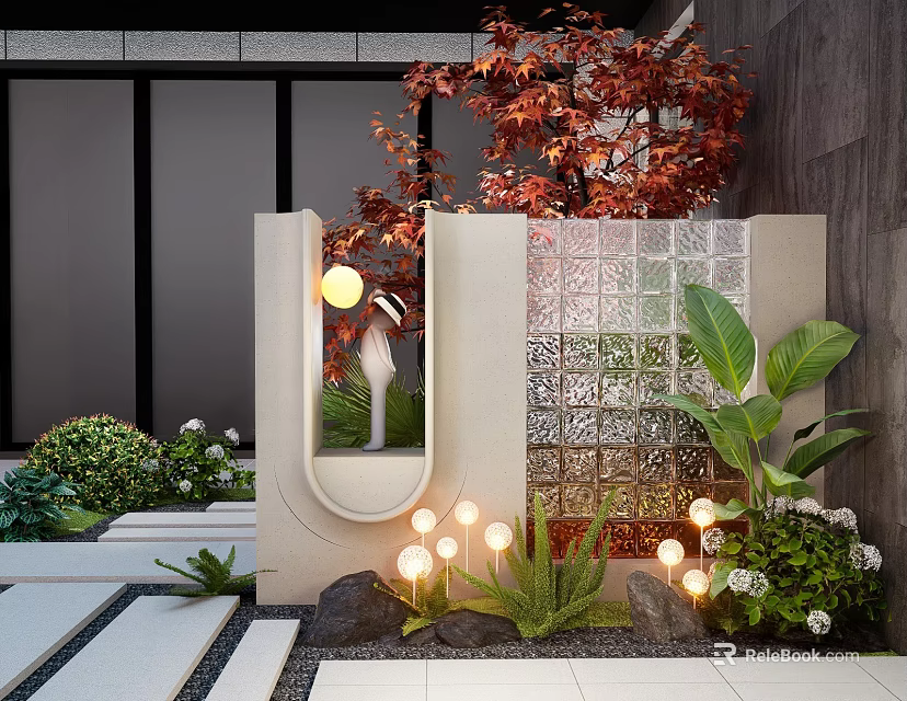 Modern Landscape Feature Wall With Green Plants Outdoor Lighting And Stone Accents 3d model 